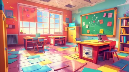 Class room interior with a teacher desk, desks for students, a blackboard with geometrical tasks and rulers, a cupboard with textbooks, post-it notes, cartoon illustration.