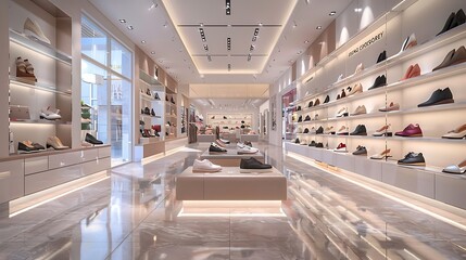 bright and fashionable interior of shoe store in modern mall