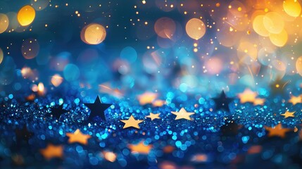 Shimmering glittering blue and yellow stars lit by light festive patriotic background