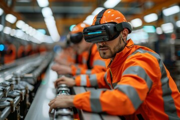 A worker in an orange safety vest explores a virtual simulation, wearing a VR headset in an industrial environment.