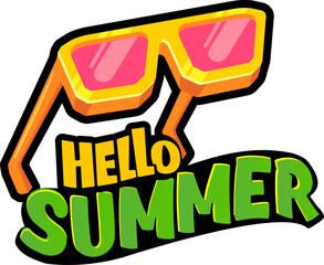 Hello summer vector lettering text with vintage retro yellow sunglasses isolated on white background. Hello summer label, icon, print, banner design template with funny cartoon sunglasses, summer vibe
