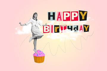 Sketch image composite trend artwork photo collage of young attractive lady stand one leg on huge...