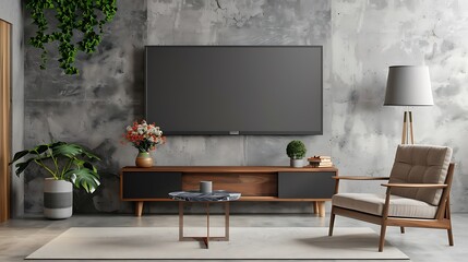 Cabinet TV in modern living room with armchair lamp table flower and plant on concrete wall background