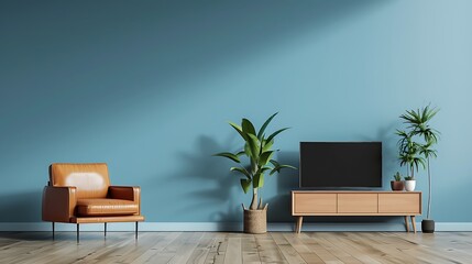 Cabinet TV in modern living room with leather armchair and plant on blue wall background - obrazy, fototapety, plakaty