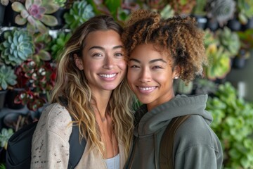 Two smiling friends pose in front of a living wall, surrounded by a variety of succulents, sharing their love for greenery and plants.
