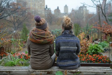 Two individuals sit quietly on a bench, enjoying a serene moment in a garden overlooking the bustling city, the contrast between urban and natural life on display.