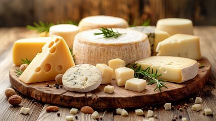 Plate of assorted cheeses on wooden background - obrazy, fototapety, plakaty