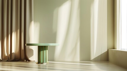 Classic and luxury round pedestal green side table podium in sunlight from window with beige curtain and wall in background