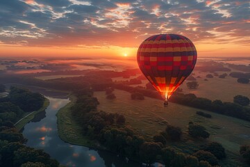 As dawn breaks, two friends experience the tranquility of a hot air balloon ride, the vibrant orb floating above a misty landscape bathed in morning light.