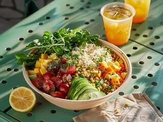 Fresh Vegan Buddha Bowl with Orange Juice