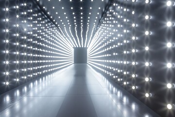 A long, narrow hallway with a series of lights on the ceiling - obrazy, fototapety, plakaty
