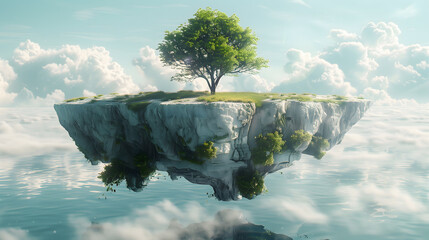 Floating island with a single tree above cloud reflections in water, environmental concept - obrazy, fototapety, plakaty