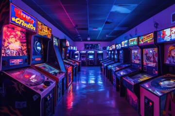 Retro arcade game machines lined up in a colorful room with neon lights, evoking nostalgia and entertainment
