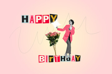 Composite photo collage of young happy girl dance holiday birthday bouquet flowers gift celebration...