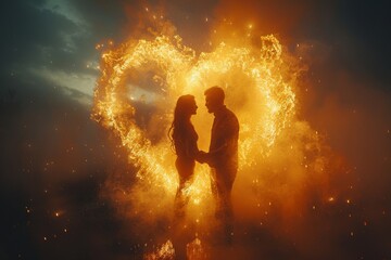 A couple is enveloped by a dramatic heart-shaped firework display, illustrating a passionate and vivid moment of romance.