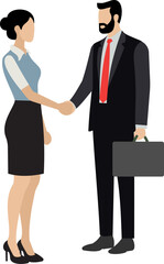 a businessman and woman shaking hands flat cartoon vector design.