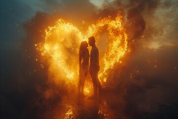 A couple is enveloped by a dramatic heart-shaped firework display, illustrating a passionate and vivid moment of romance.