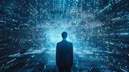 Foto op Plexiglas A solitary figure stands mesmerized by the mesmerizing display of lights and digital data surrounding him, suggesting an intricate dance of technology and human curiosity at the nexus of reality  © TKL