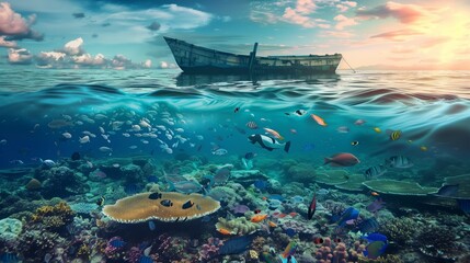 Boat on the ocean surface. An underwater coral reef scene, diverse marine life, vivid colors, showcasing the beauty and diversity of ocean life.