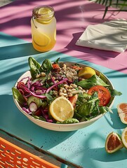 Fresh Mixed Salad with Citrus Fruit on a Colorful Background
