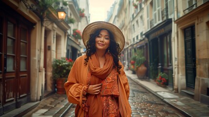 Stylish Woman Smiling on European Cobblestone Street