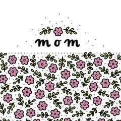 delicate linear colorful floral mother's day card with pink tiny flowers and fresh green leaves on white background flat doodle illustration centerpiece