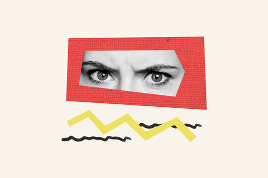 Composite photo collage of female face bodyless headless caricature anger grimace wrinkles frown eyes stare isolated on painted background