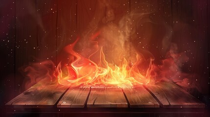Modern illustration of an oven fire burning at the edge of a wooden table. The flame emits red and orange sparks and smoke in the air. The design is based on a restaurant BBQ menu background image.