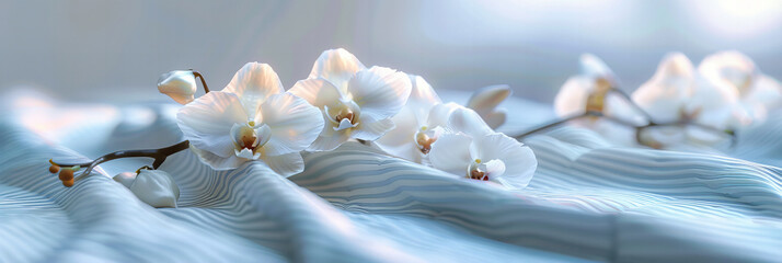 Delicate White Orchids Elegantly Arranged, Offering a Touch of Tropical Elegance and Freshness to a Bright and Airy Interior Space - obrazy, fototapety, plakaty