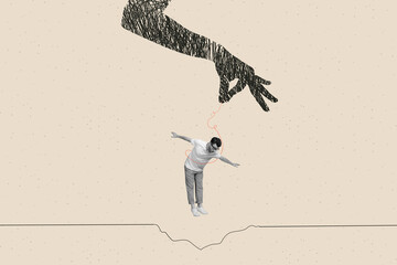 Composite photo collage of hand thread puppeteer hold manipulate young man hole throw dismiss...