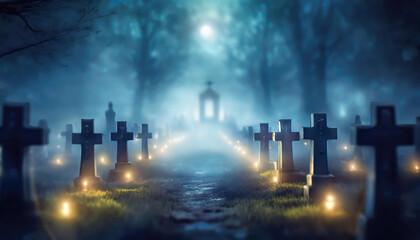 Mystical Cemetery at Night with Ethereal Lights - obrazy, fototapety, plakaty