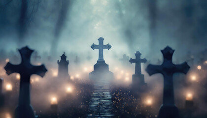 Misty Cemetery at Twilight with Illuminated Path - obrazy, fototapety, plakaty
