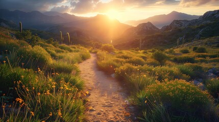 Sunset Over Mountainous Landscape with Flowering Plants