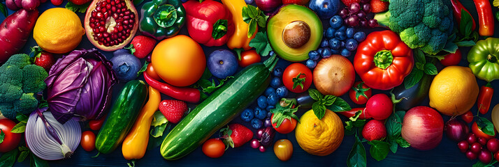 Background of vegetables, fruits and berries. Top view of organic plant products for healthy eating. Bright colorful illustration that awakens your appetite. Illustration for cover or interior design. - Powered by Adobe