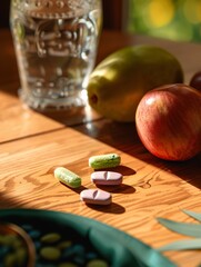 Healthy Lifestyle Concept with Fruits, Water, and Supplements