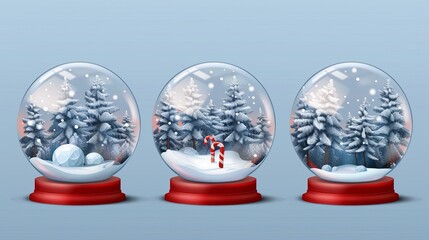 Three dimensional Christmas snow globes. Snow globe isolated on transparent background. Clear glass domes on red bases, a Christmas gift or souvenir.