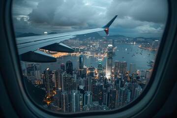 Fototapeta na wymiar Cityscape view with the flight wing from an airplane through window seat