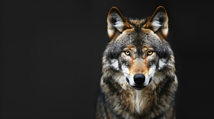 Portrait of a wolf on a dark background with copy space.