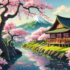 일본 마을에 후지산과 이쁘게 핀 벚꽃 - obrazy, fototapety, plakaty