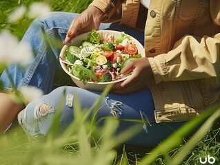 Woman Eating Fresh Salad Outdoors