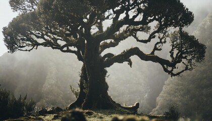 fanal forest old mystical tree in madeira island twisted trees in fog in fanal forest huge moss...