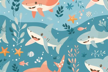a seamless pattern of sharks and fish