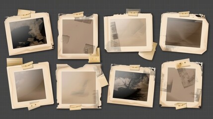 The modern illustration of blank paper photographs in vintage yellow frames is isolated on a transparent background. - obrazy, fototapety, plakaty