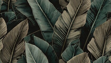 tropical exotic seamless pattern beautiful textured pastel palm banana leaves hand drawn vintage 3d...
