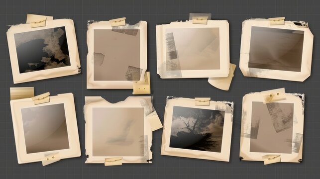 The modern illustration of blank paper photographs in vintage yellow frames is isolated on a transparent background.