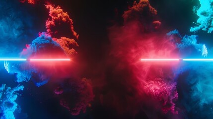 Background with blue vs red smoke effect. Abstract neon flame cloud with dust cold versus hot concept. Sports boxing competition fog transparent background. Police digital banner design. - obrazy, fototapety, plakaty