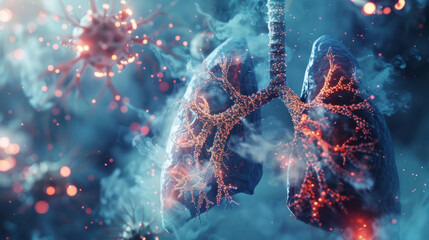 Abstract background with human lungs and red cells in the airway system, smoke around them, closeup - obrazy, fototapety, plakaty