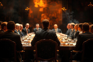 A diplomat oversees a meeting from the head of the table, with a fiery backdrop symbolizing intense negotiations, reflecting the gravity of diplomatic efforts in a complex world.