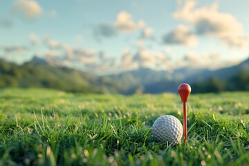 a golf ball and tee in grass - obrazy, fototapety, plakaty
