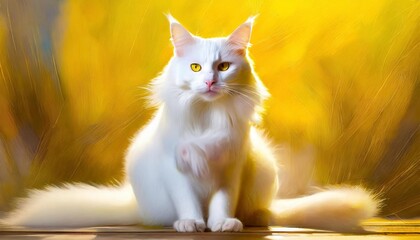white cat performing yoga pose of yellow background